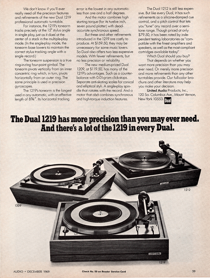 Dual advertisement in Audio, December 1969