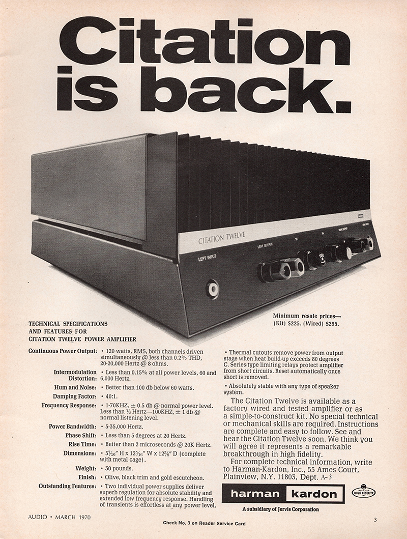 Harman Kardon advertisement in Audio, March 1970