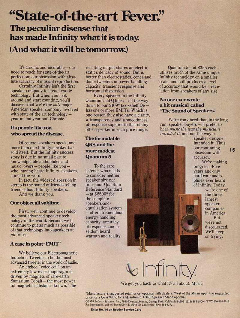 Infinity advertisement in Audio, October 1978