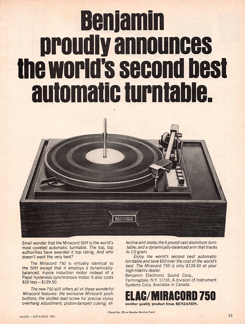 Miracord advertisement in Audio, September 1969