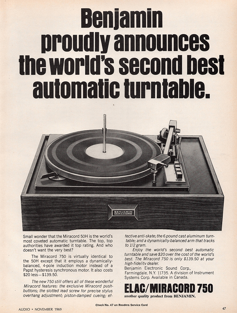 Miracord advertisement in Audio, November 1969