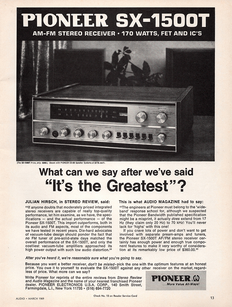Pioneer advertisement in Audio, March 1969