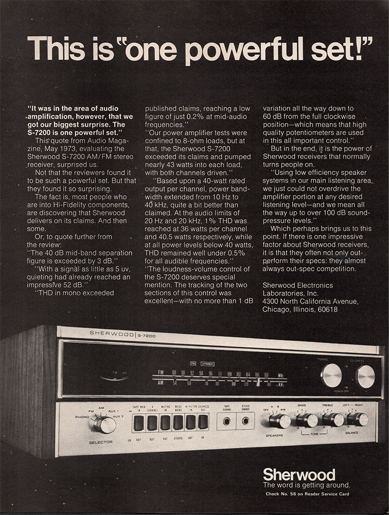 Sherwood advertisement in Audio, September 1973