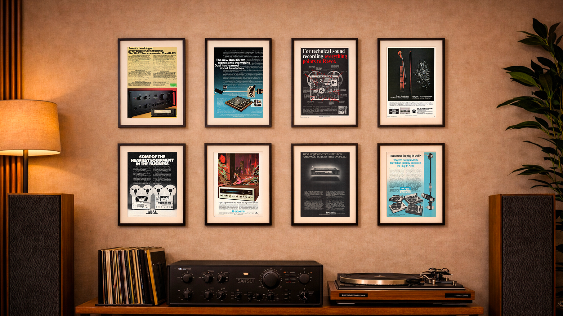 Listening room example with Vandersteen speakers, McIntosh MC2120, WiiM streamer, Dual 1229 turntable, and framed vintage audio ads on the wall